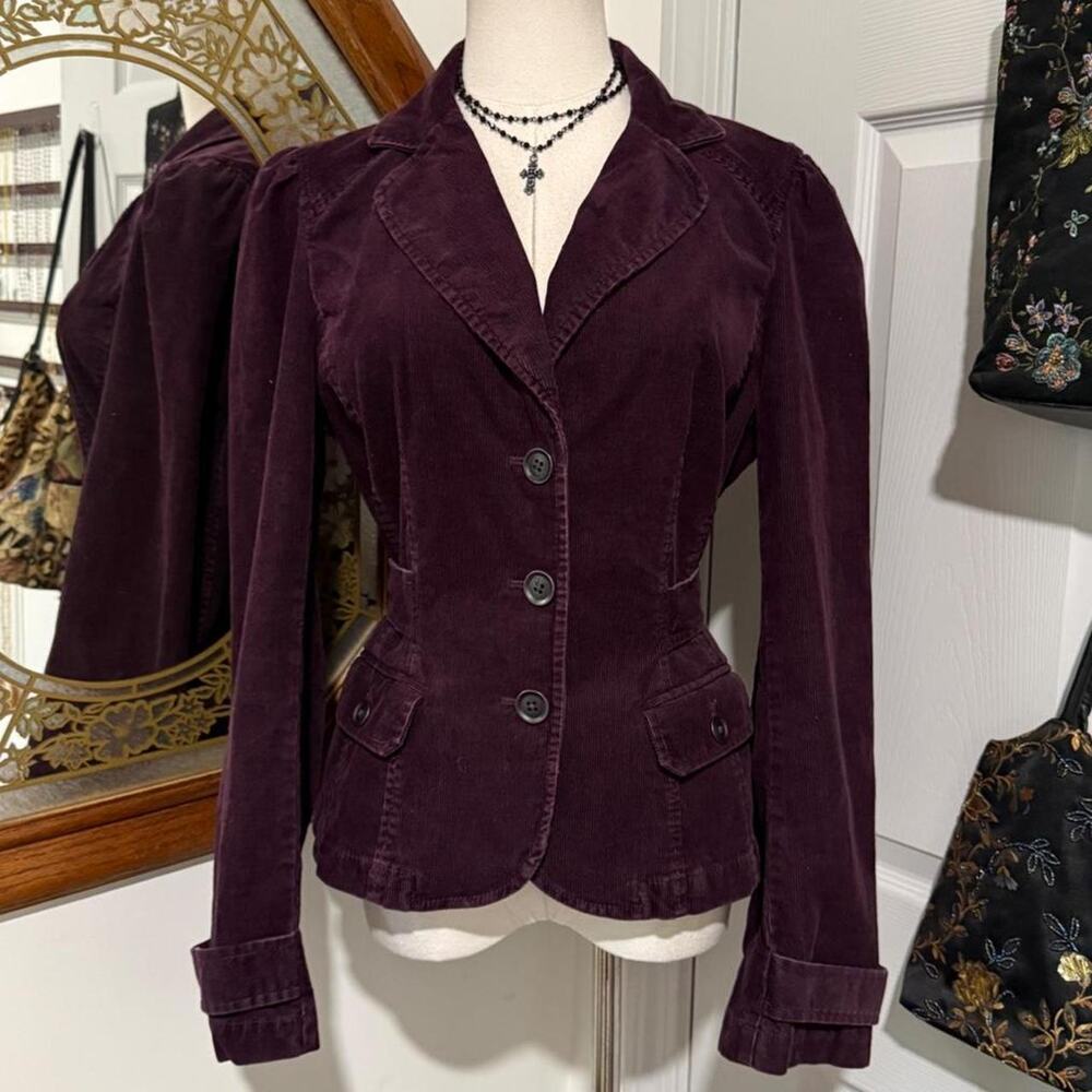 Ann Taylor Loft Dark Purple Corduroy Long Sleeve Collared Blazer w Waist Cinch 8